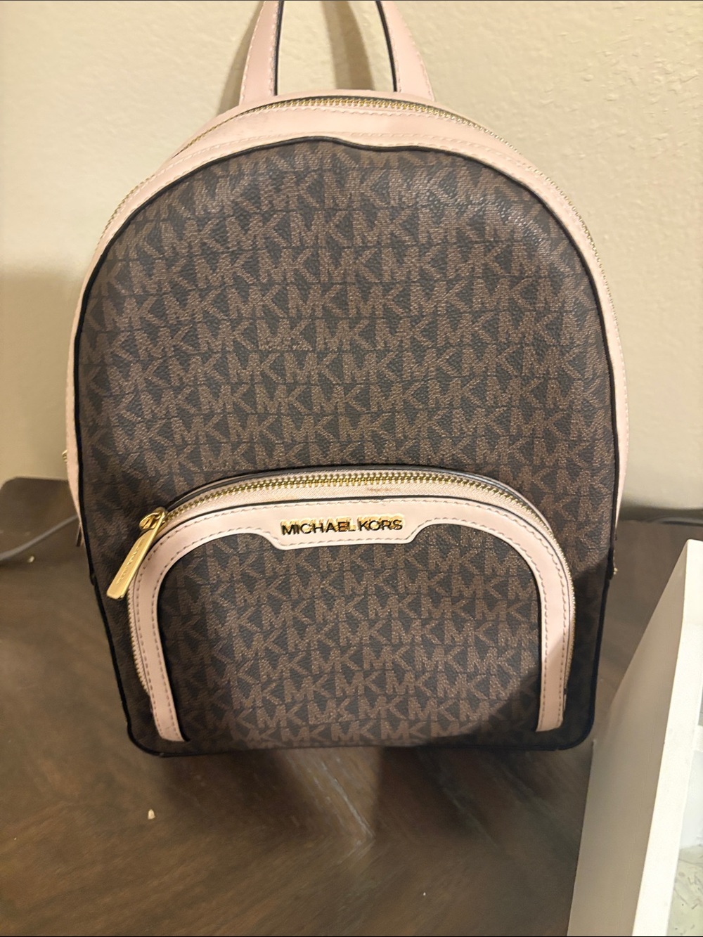 Michael Kors Brown Logo Mini Backpack with Pale Pink Trim